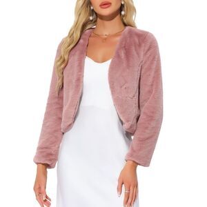 Cropped Jacket Faux Fur Long Sleeve Open Front Bolero Winter Coat Dusty Pink